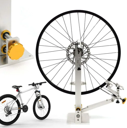 Vista 7 de Soporte de rueda para mantenimiento profesional con 3 calibres, herramientas de reparación de bicicletas, acepta ruedas de 13 a 38 pulgadas