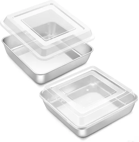 Vista 10 de Onader Bandeja cuadrada para hornear pasteles de 8 x 8 pulgadas con tapa, bandeja de lasaña de brownie de acero inoxidable
