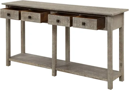 Vista 4 de Mesa consola de sofá de 59 pulgadas de largo, mesa de pasillo rústica con cajones de almacenamiento y estante, mesa de entrada retro de madera