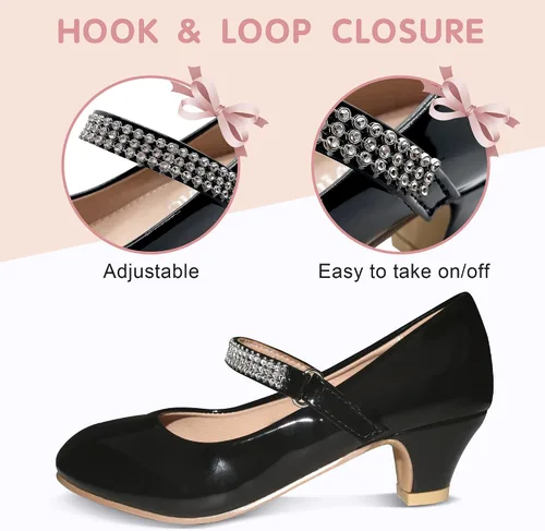 Vista 5 de BESSIVIC Zapatos de vestir para niñas, zapatos Mary Jane para niñas con tacón bajo, zapatos planos de ballet de flores de princesa para bodas