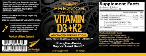 Vista 2 de FREZZOR Cápsulas de vitamina D3 y K2, alta potencia D3 2000IU y K2 (MK7) 80mcg, VIT D3 único de lana de oveja 100% lanolina de oveja de Nueva
