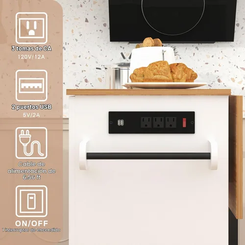 Vista 5 de Isla de cocina sobre ruedas, carrito de isla de cocina rodante con encimera de hojas caídas, carrito de islas modernas con tomas de corriente