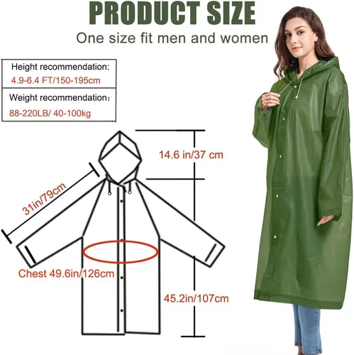 Vista 26 de Abrigos de lluvia (paquete de 2) – Ponchos de lluvia reutilizables de EVA para adultos, chaquetas impermeables para hombres y mujeres