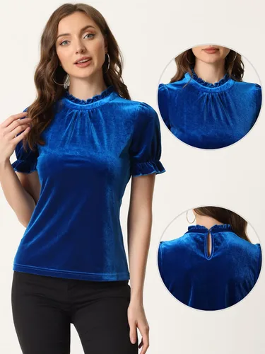 Vista 2 de Allegra K Camisa navideña con cuello de volantes para mujer, blusa de terciopelo de manga corta
