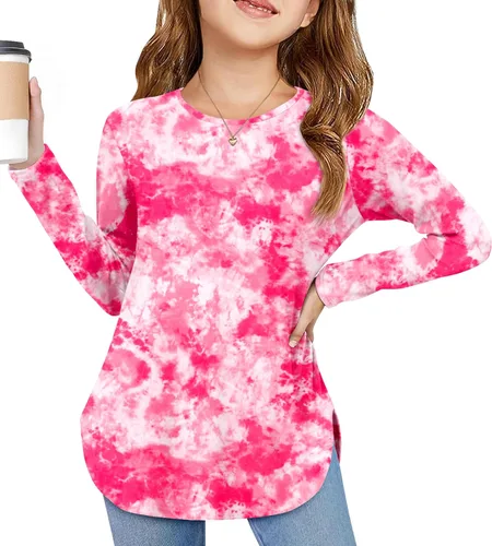 Vista 19 de Arshiner - Camisetas de manga larga para niñas, cuello redondo, dobladillo curvo, abertura lateral, básicas, casuales, de ajuste holgado, tipo