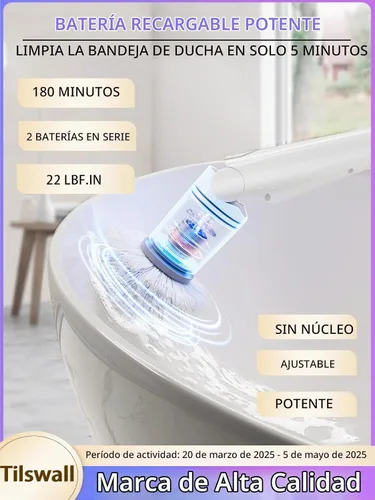 Vista 2 de Tilswall Limpiador eléctrico inalámbrico giratorio – Cepillo de limpieza impermeable IPX7 con 180 minutos de funcionamiento y mango extensible de 43