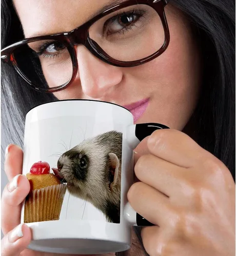 Vista 2 de 3dRose Ferret Eating Cupcake 15oz Two-Tone Black Mug