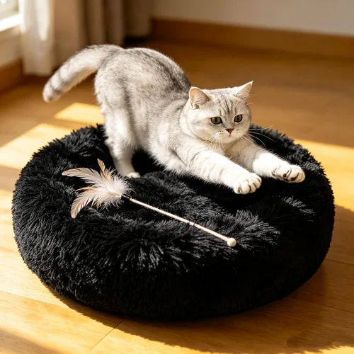 Vista 7 de Camas para gatos de interior – Cama para gatos lavable de 20/24 pulgadas, camas para perros pequeños y medianos, antiansiedad, cama redonda de felpa