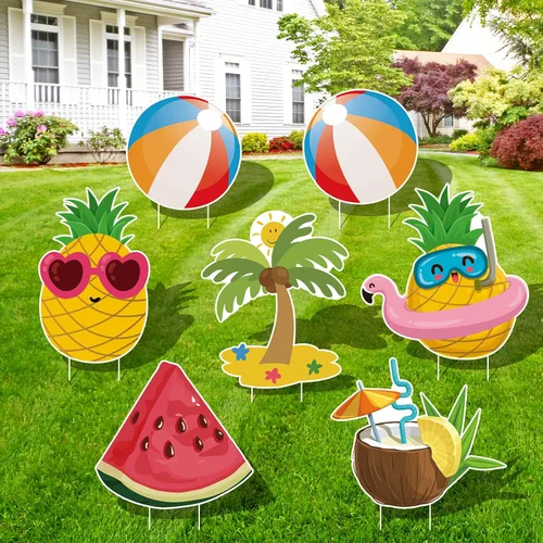Vista 8 de Letreros grandes de Luau Tiki para patio, 6 piezas con estacas para exteriores, césped, playa, arena, decoraciones de fiesta de verano con temática