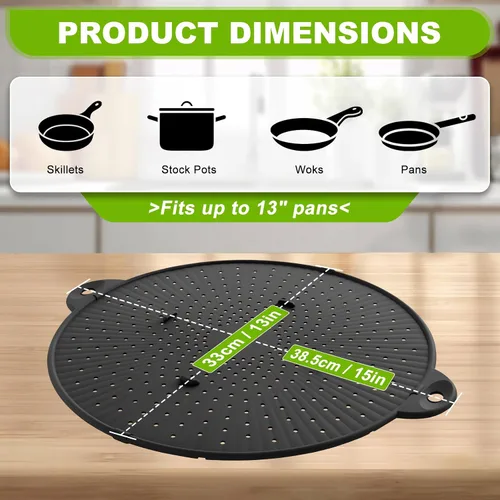 Vista 2 de Pantalla de silicona de 13" para sartén - Protector de salpicaduras de Mango resistente al calor, multiuso, protector contra salpicaduras de aceite