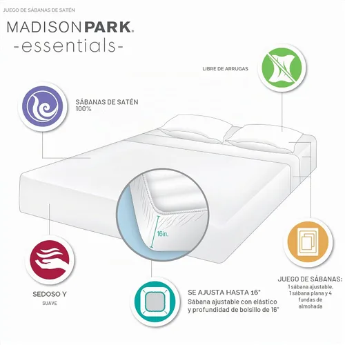 Vista 12 de Madison Park Essentials - Juego de sábanas de satén tamaño matrimonial, 6 Marfil