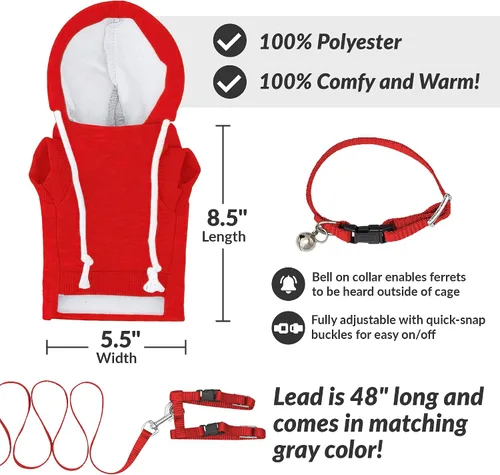 Vista 2 de Conjunto de suéter, arnés y correa de hurón rojo - Ropa para hurones - Accesorios para hurones - Ropa para hurones - Cosas de hurón - Sudaderas