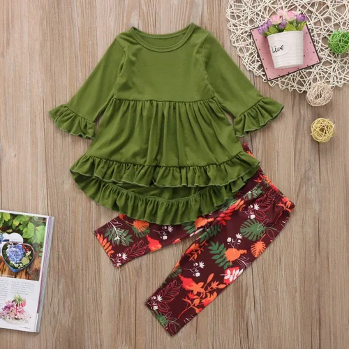 Vista 2 de Conjunto de ropa de invierno para niñas pequeñas, con volantes, con parte superior de túnica a rayas, 2