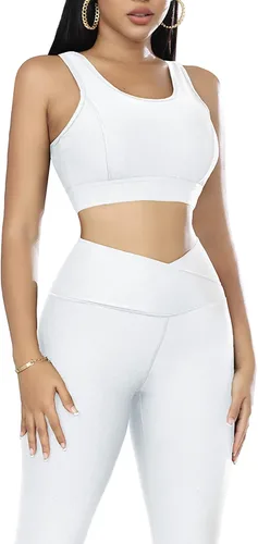 Vista 6 de LAOARA Conjunto de 2 piezas de entrenamiento para mujer, casual, acanalado, de punto, camiseta sin mangas, cintura alta, para gimnasio, leggings