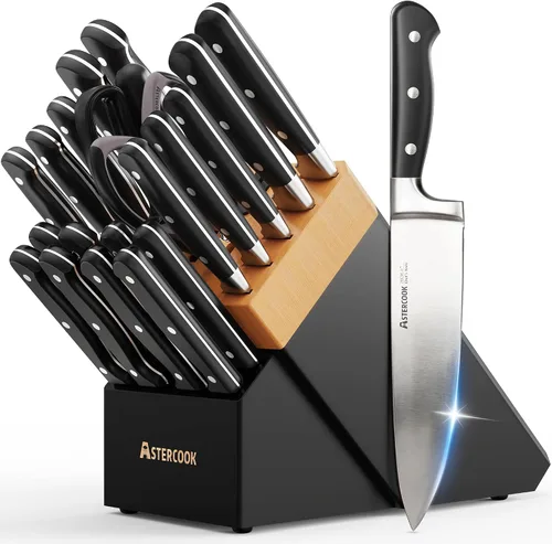 Vista 13 de Astercook Juego de cuchillos de cocina de espiga completa con bloque y Negro