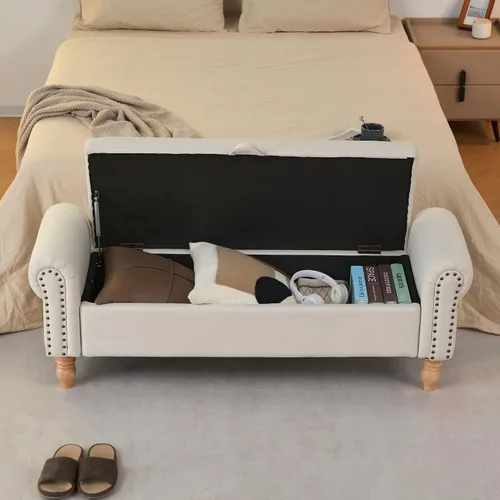 Vista 4 de Modern Storage Ottoman Bench, 54" Fabric Upholstered Benches End of Bed Bench with Rolled Arm & Solid Wood Legs Ottoman with Storage for Bedroom