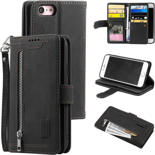 Vista 8 de UEEBAI Funda tipo cartera para iPhone SE 2022 5G/iPhone 7/iPhone 8/iPhone SE 2020, retro con 9 ranuras para tarjetas, bolsillo con cremallera, funda