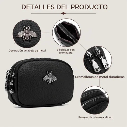 Vista 4 de Monedero de cuero para mujer, billetera pequeña para mujer, bolsa de cambio A-Negro