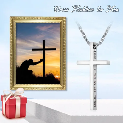 Vista 6 de Collar de cruz para hombre de acero inoxidable 316L con colgante de crucifijo grande con cruz cristiana, joyería de regalo de Navidad para padre e