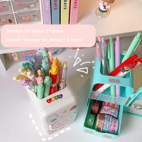 Vista 6 de JHTPSLR Caja organizadora Kawaii de artículos de papelería para refrigerador, soporte para bolígrafos, lindo contenedor estético para guardar