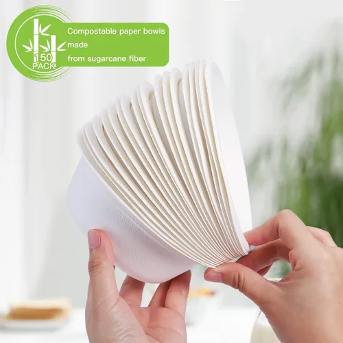 Vista 4 de 150 cuencos de caña de azúcar ecológicos – Cuencos de papel desechables resistentes de 12 onzas – 100% compostables y biodegradables para alimentos