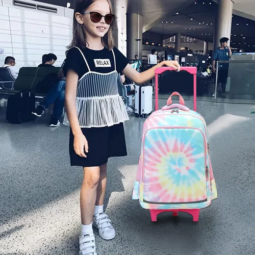 Vista 7 de CAMTOP Mochila con ruedas para niñas, bolsa de viaje con ruedas, mochila de equipaje con ruedas, Rosado Tie Dye