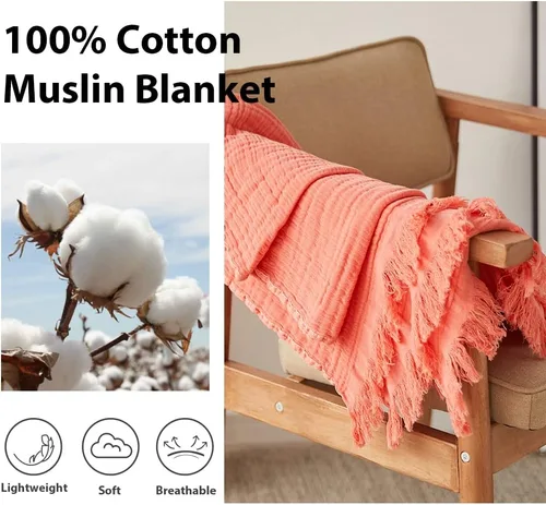 Vista 3 de Simple&Opulence Manta de muselina de algodón para cama, sofá, manta de gasa tejida de punto con borlas, suave, ligera, acogedora, prelavada