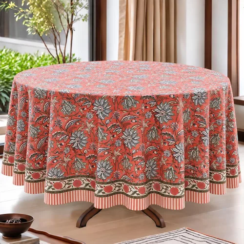 Vista 90 de Ridhi Mantel redondo estampado a mano color rosa flamenco 120 pulgadas 100%
