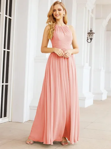 Vista 5 de Numbersea Vestido de dama de honor de gasa para mujer, largo, sin mangas, formal, con abertura en la espalda