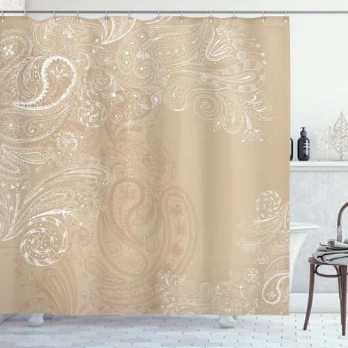 Vista 112 de Ambesonne Decor Collection, juego de cortina con ganchos para regadera Amarillo y marrón