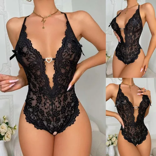 Vista 8 de Lencería de peluche para mujer, body de encaje Backlees, conjunto de lencería con medias