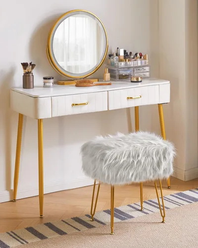 Vista 2 de IBUYKE Taburete rectangular de piel sintética para tocador con almacenamiento, otomana de silla de maquillaje peluda, asiento acolchado suave