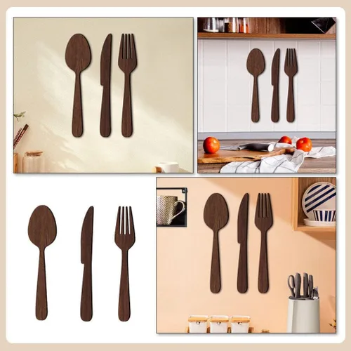 Vista 7 de DOITOOL 1 juego de utensilios de cocina de madera rústica para decoración de pared, con encantador, tenedor, cuchara y cuchillo, decoración