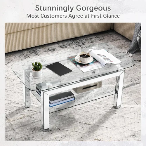 Vista 3 de Mesa auxiliar rectangular con parte superior de vidrio con patas de espejo plateadas para sala de estar, moderna y glamorosa mesa de vidrio templado