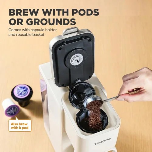 Vista 4 de Tastyle Cafetera de Una Sola Porción, Máquina de Café Helado y Caliente para Cápsulas K y Café Molido, Diseño Compacto, Depósito de Agua Extraíble