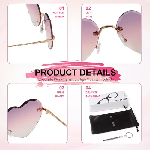 Vista 3 de VIA LEECA Gafas de sol sin montura con forma de corazón para mujer, gafas de sol grandes y modernas con marco de metal