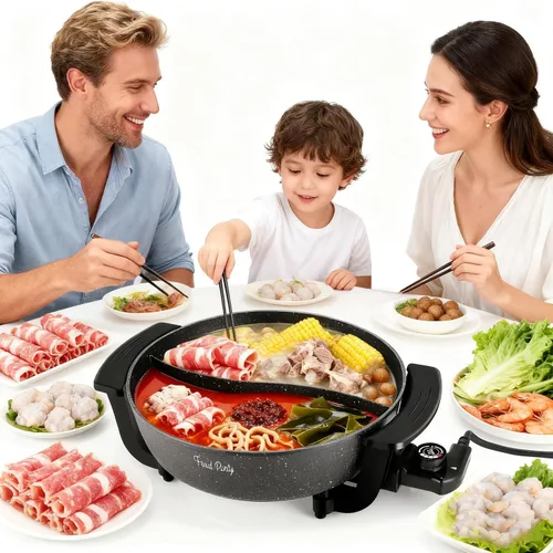 Vista 6 de Food Party Olla Caliente Eléctrica con Divisor Hotpot Olla Eléctrica Hopot Cocinador Shabu Shabu Olla 110V 1200W Antiadherente 6-Quart Libre de BPA
