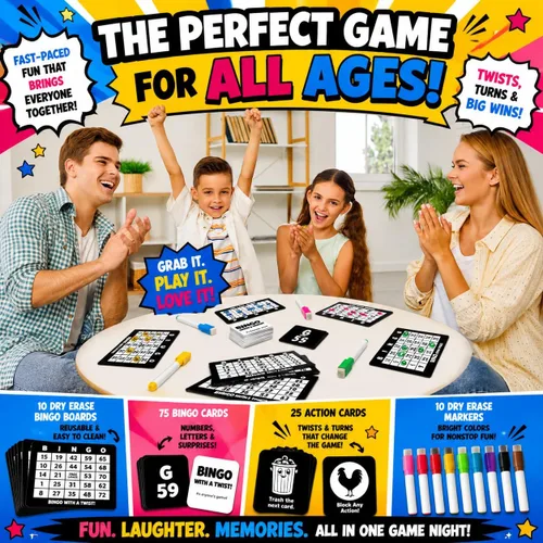 Vista 9 de Juego de Fiesta Bingo con un Giro, Bingo con Cartas de Acción, Giro Divertido, Cartas de Acción con Bloquear, Intercambiar y Robar, No Más Pelotas