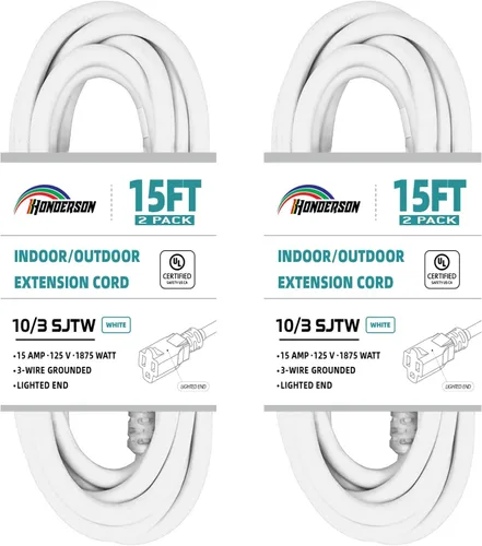 Vista 26 de Cable de extensión resistente a la intemperie con extremo iluminado, certificado UL, calibre 10, 3 pies, color blanco, 3 clavijas, resistente, cable