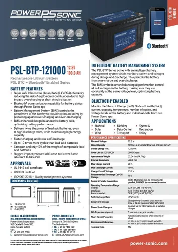 Vista 5 de Power Sonic PSL-BTP-121000; 12.8V 100AH Bluetooth, negro