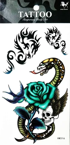 Vista 2 de Tatuajes 2 hojas azul rosa serpiente dragón calavera ala temporal tatuajes arte corporal pegatinas falsas impermeables extraíbles