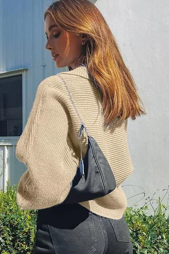 Vista 2 de CHYRII - Suéter de punto tipo polo con manga larga abombada y cuello en V para mujer, extra grande