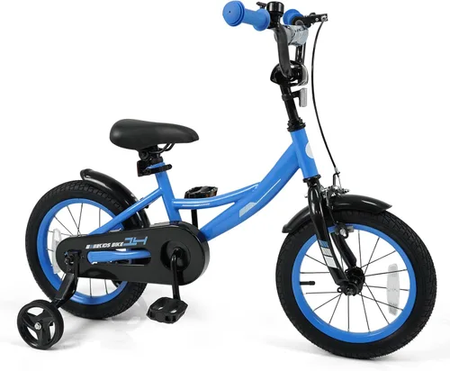 Vista 11 de BABY JOY Bicicleta para niños, bicicleta deportiva de 12 a 18 pulgadas con ruedas de entrenamiento extraíbles, asiento y manubrio ajustables, freno