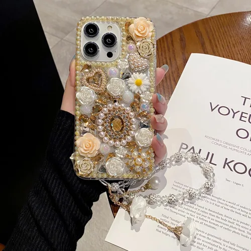 Vista 3 de iFiLOVE para iPhone 7 Plus/8 Plus Funda con Diamantes Brillantes y Correa de Flores, 3D Lujo Brillante Purpurina Cristal Diamantes de Imitación