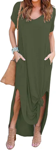 Vista 2 de GRECERELLE - Vestido largo para mujer, holgado, con bolsillos, manga corta y abertura lateral, estilo informal