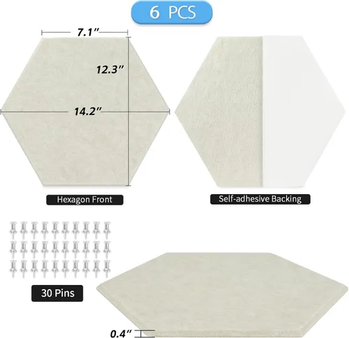 Vista 2 de BXI Tablero de anuncios de fieltro hexagonal grande – 14.2 x 12.3 x 0.4 pulgadas, 6 piezas autoadhesivas de corcho para póster, 30 pasadores