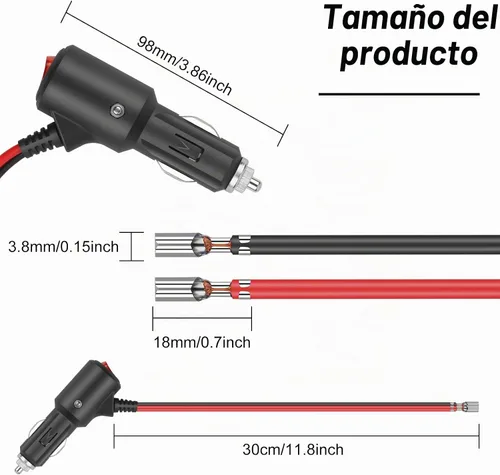 Vista 5 de Enchufe de encendedor de cigarrillos con interruptor Cable de extensión 12-24V enchufe universal con cable de 30 cm 15A para conexión