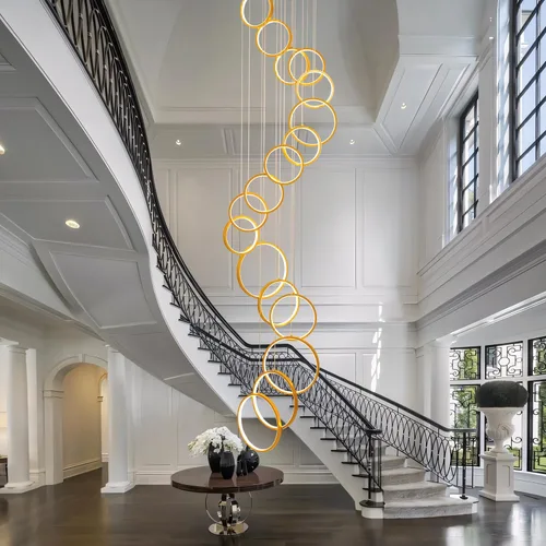 Vista 8 de Candelabro moderno para entrada para techos altos, lámpara moderna regulable dorada para escalera, de lujo, techo alto, lámpara colgante LED