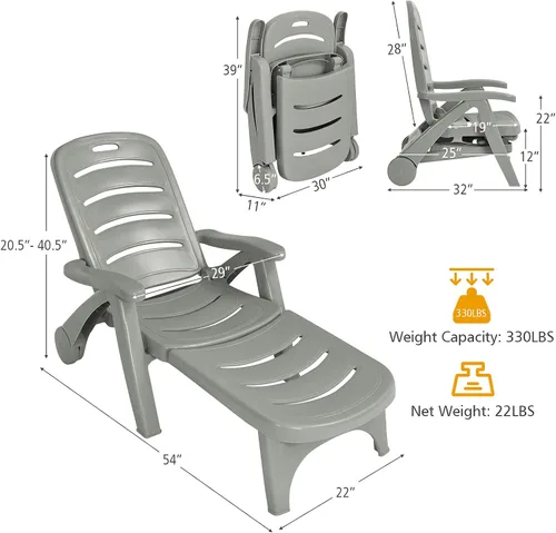 Vista 3 de Giantex Tumbona reclinable con ruedas para patio, tumbona plegable con reposabrazos, 5 posiciones ajustables para piscina, patio, jardín, tumbona