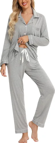 Vista 17 de Leikar Button Up Pajamas For Women Long Sleeve Viscose Soft Pjs Lounge bean paste